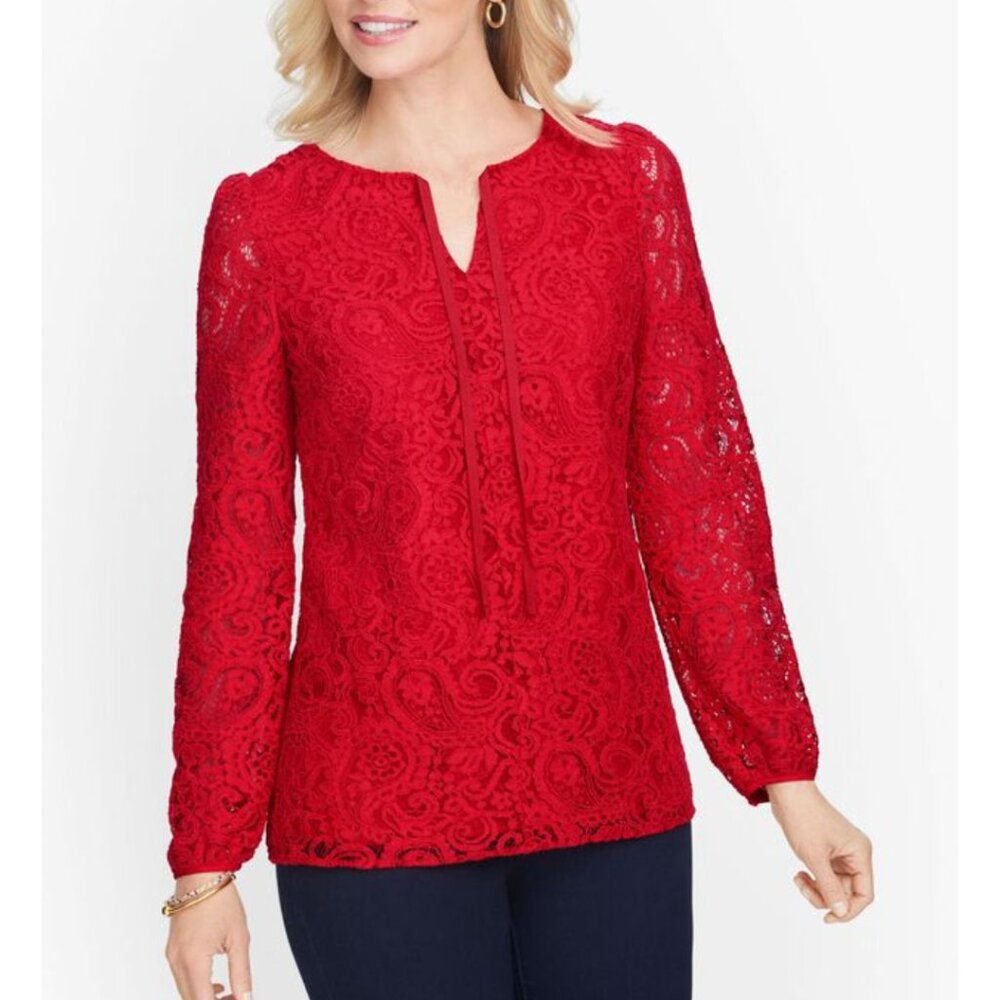 NWT Talbots Paisley Lace Top Women's SZ Medium Red Romantic Party Feminine